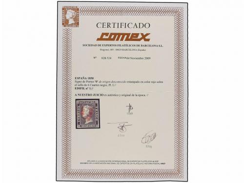 ° ESPAÑA. Ed. 1. 6 cuartos negro, pl. I mat. O en rojo de or