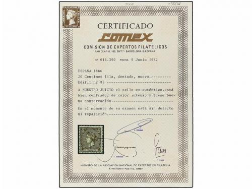 (*) ESPAÑA. Ed. 85. 20 cts. lila. Color intenso. PIEZA DE LU