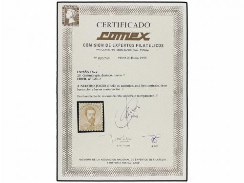* ESPAÑA. Ed. 123. 20 cts. gris. PIEZA DE LUJO. Cert. COMEX.