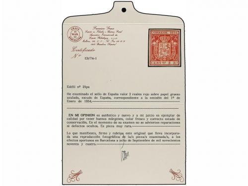 (*) ESPAÑA. Ed. 25pa. 2 reales rojo sobre PAPEL GRUESO AZULA