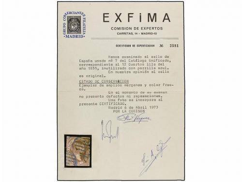 ° ESPAÑA. Ed. 7. 12 cuartos lila, mat. PARRILLA AZUL. Muy bo