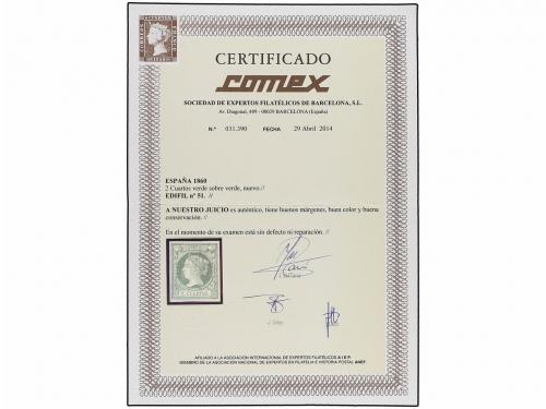 * ESPAÑA. Ed. 51. 2 cuartos verde. PIEZA DE LUJO. Cert. COME