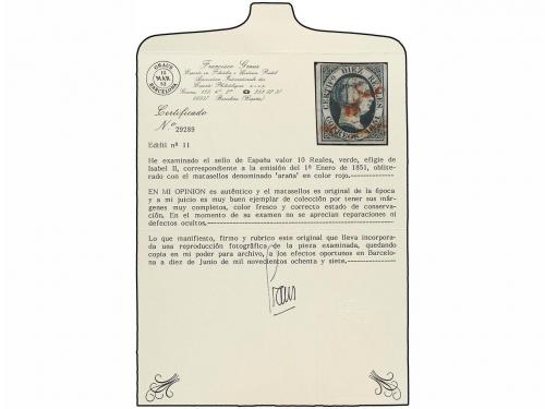 ° ESPAÑA. Ed. 11. 10 reales verde, mat. ARAÑA ROJA. Muy boni