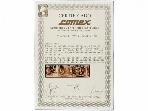 ° ESPAÑA. Ed. 58 (4). 4 cuartos castaño. Tira de cuatro con 