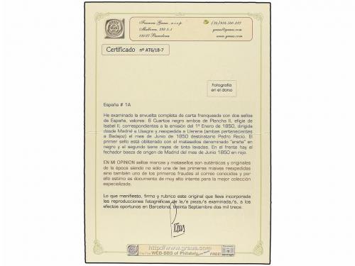 ✉ ESPAÑA. Ed. 1A (2). 1850. MADRID a USAGRE. 6 cu. negro, ti