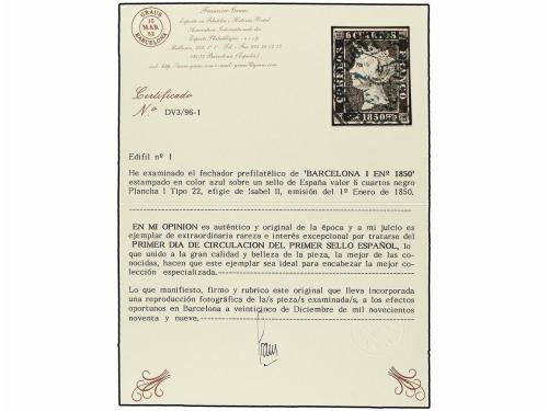 ° ESPAÑA. Ed. 1. 6 cu. negro, tipo I posición 22, mat. fecha