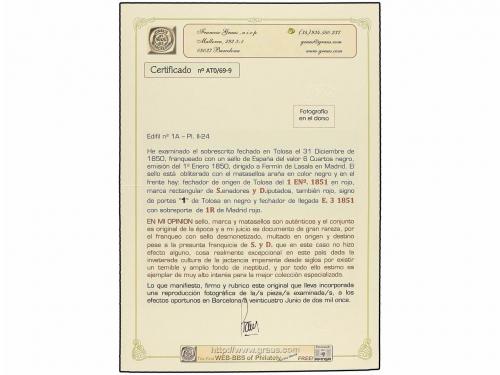 ¿ ESPAÑA. Ed. 1A. 1851 (1 Enero). TOLOSA a MADRID. 6 cu. neg