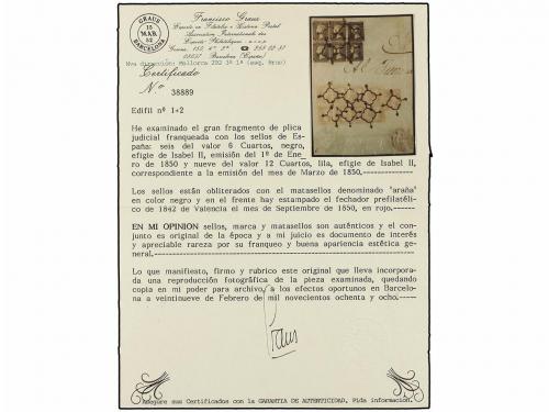 Δ ESPAÑA. Ed. 1A (6), 2 (9). 1850. Gran fragmento de Plica J