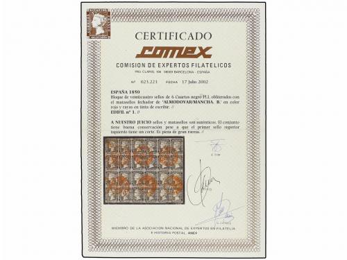 ° ESPAÑA. Ed. 1. 6 cu. negro. Bloque de veinticuatro sellos 