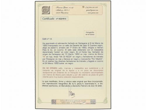 ¿ ESPAÑA. Ed. 1A. 1850. CARTAGENA a LIVORNO (Toscana, Italia