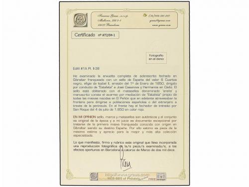 ¿ ESPAÑA. Ed. 1A. 1850. GIBRALTAR a CÁDIZ. Envuelta (falta l