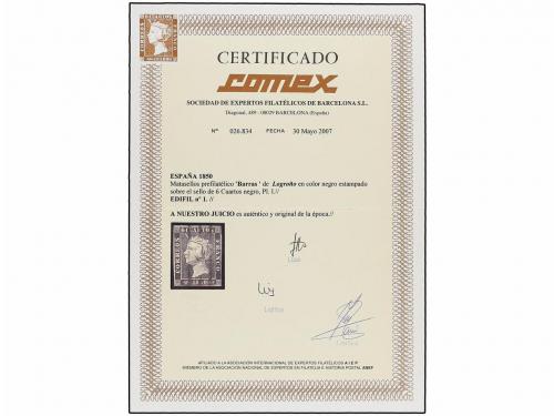 ° ESPAÑA. Ed. 1. 6 cu. negro, mat. BARRAS DE LOGROÑO en negr