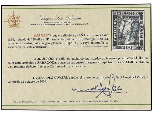 ° ESPAÑA. Ed. 1. 6 cu. negro, tipo I posición 18. Mat. "1R"