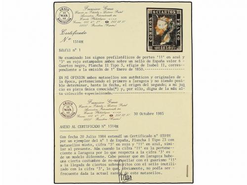 ° ESPAÑA. Ed. 1A. 6 cu. negro, tipo II posición 3. Mat. "3" 