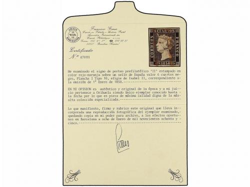 ° ESPAÑA. Ed. 1. 6 cu. negro, tipo I posición 11. Mat. "11" 