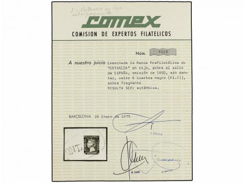 Δ ESPAÑA. Ed. 1. 6 cuartos negro, pl. I tipo 2 sobre fragmen