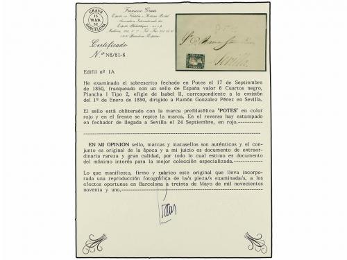 ✉ ESPAÑA. Ed. 1. 1850. POTES a SEVILLA. 6 cuartos negro, pl.