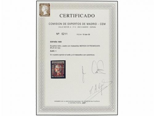 ° ESPAÑA. Ed. 1. 6 cuartos negro, pl. I tipo 4. Mat. MERIDA/