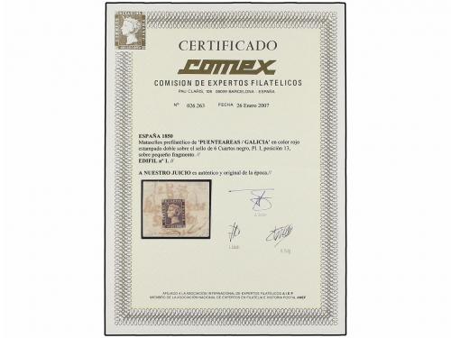 Δ ESPAÑA. Ed. 1. 6 cuartos negro, pl. I tipo 13 sobre fragme