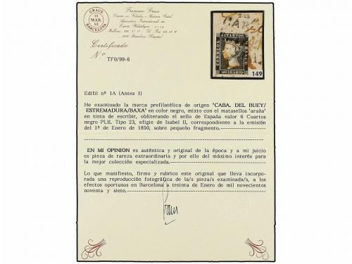 Δ ESPAÑA. Ed. 1A. 6 cuartos negro, pl. II tipo 2 sobre fragm