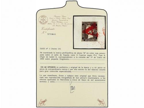 ° ESPAÑA. Ed. 1. 6 cuartos negro, pl. I tipo 6. Mat. "A" de 