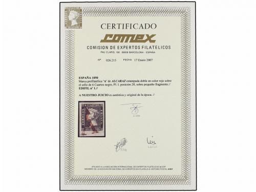 Δ ESPAÑA. Ed. 1. 6 cuartos negro, pl. I tipo 20 sobre fragme