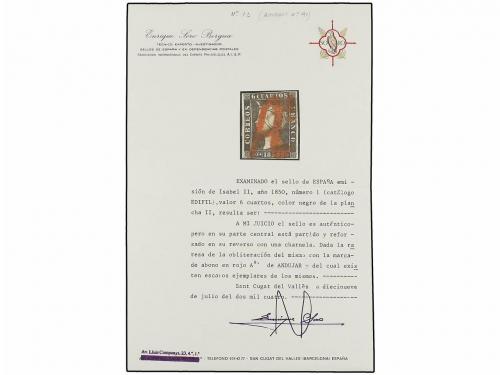 ° ESPAÑA. Ed. 1A. 6 cuartos negro, pl. II tipo 35. Mat. "A" 