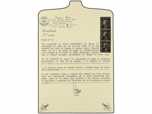 ° ESPAÑA. Ed. 1. 6 cuartos negro, pl. I tipos 10,16, 22. Tir