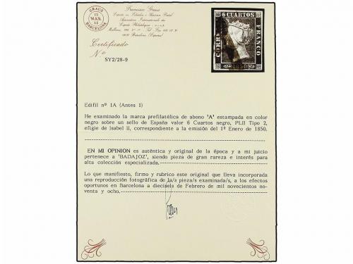 ° ESPAÑA. Ed. 1A. 6 cuartos negro, pl. I tipo 2. Mat. "A" de