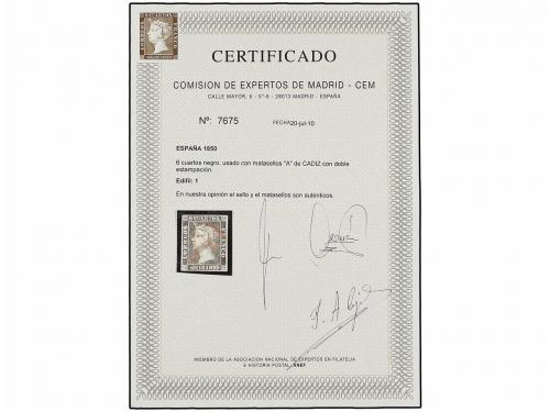 ° ESPAÑA. Ed. 1. 6 cuartos negro, pl. I tipo 19. Mat. "A" de