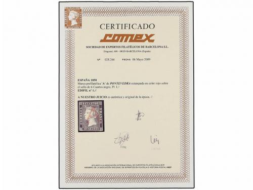 ° ESPAÑA. Ed. 1. 6 cuartos negro, pl. I tipo 2. Mat. "A" de 