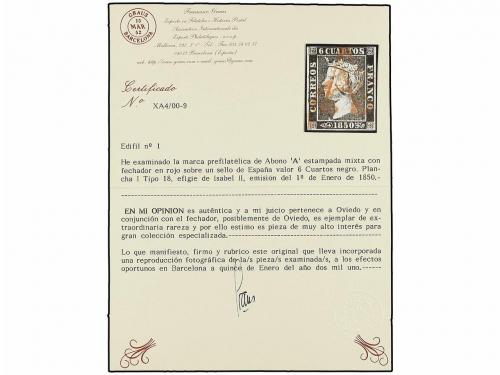 ° ESPAÑA. Ed. 1. 6 cuartos negro, pl. I tipo 18. Mat. "A" de