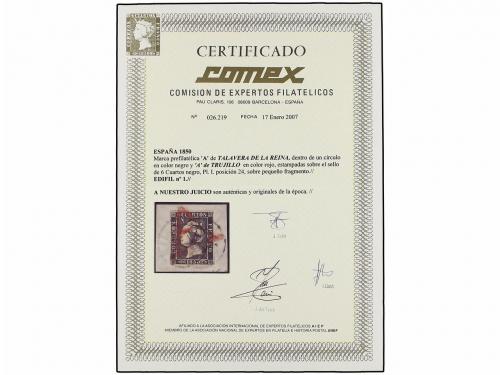 Δ ESPAÑA. Ed. 1. 6 cuartos negro, pl. I tipo 24 sobre fragme