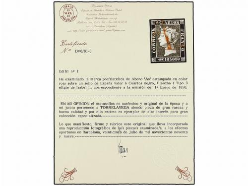 ° ESPAÑA. Ed. 1. 6 cuartos negro, pl. I tipo 3. Mat. AS de A