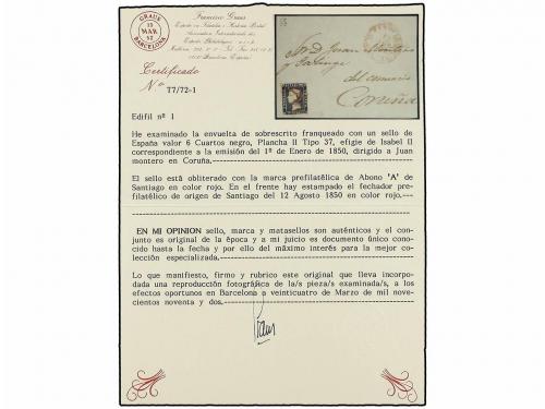 ✉ ESPAÑA. Ed. 1A. 1850. FRONTAL. SANTIAGO a CORUÑA. 6 cuarto