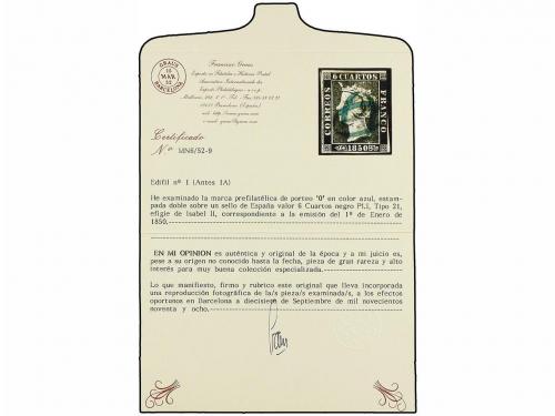 ° ESPAÑA. Ed. 1. 6 cuartos negro, pl. I tipo 21. Mat. "O" en