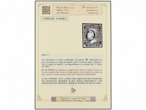 ° ESPAÑA. Ed. 1. 6 cuartos negro, pl. I tipo 3. Mat. "O" en 