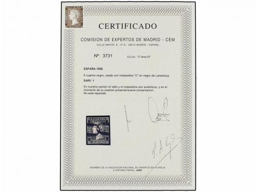 ° ESPAÑA. Ed. 1. 6 cuartos negro, pl. I tipo 16. Mat. "O" en