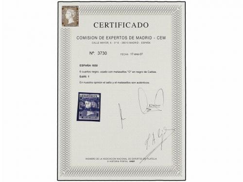 ° ESPAÑA. Ed. 1. 6 cuartos negro, pl. I tipo 5. Mat. "O" en 