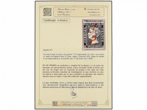 ° ESPAÑA. Ed. 1. 6 cuartos negro, pl. I tipo 23. Mat. 1/2 en