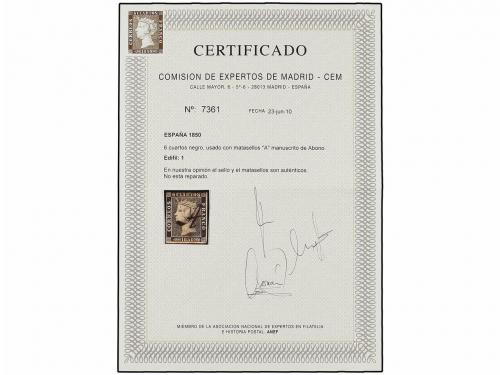 ° ESPAÑA. Ed. 1. 6 cu. negro, tipo I posición 5. Mat. "A" ma