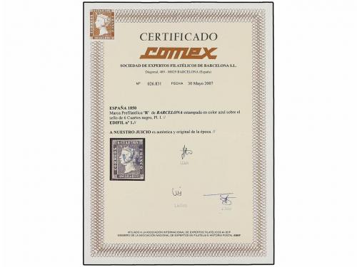 ° ESPAÑA. Ed. 1. 6 cuartos negro, pl. I tipo 23. Mat. "R" en