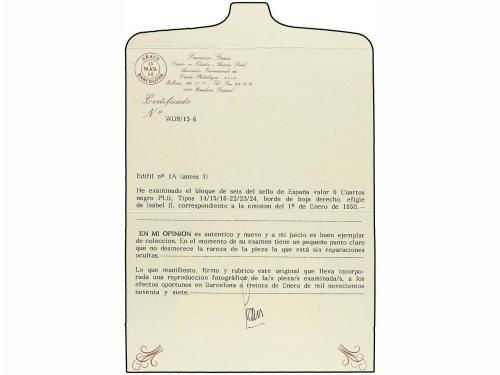 (*) ESPAÑA. Ed. 1A (6). 6 cuartos negro. Bloque de seis, pl.