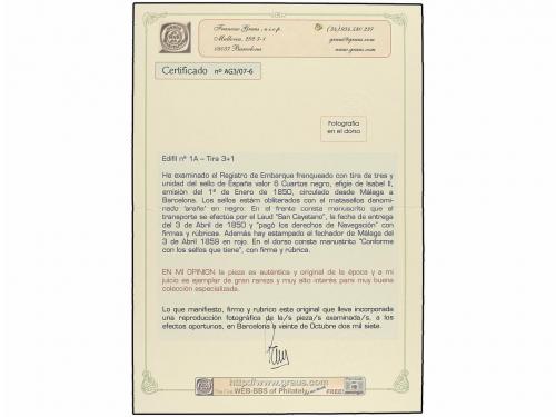 ✉ ESPAÑA. Ed. 1A (4). 1850. MÁLAGA a BARCELONA. Registro de 