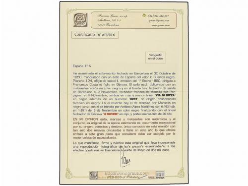 ✉ ESPAÑA. Ed. 1A. 1850. BARCELONA a GÉNOVA (Cerdeña, Italia)