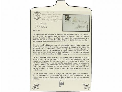 ✉ ESPAÑA. Ed. 1A. 1850. SANTANDER a BAYONA (Francia). 6 cuar