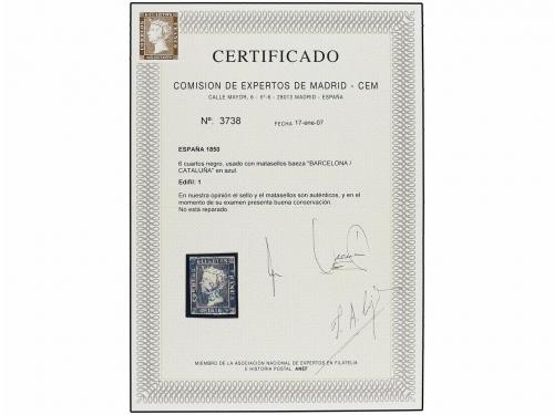 ° ESPAÑA. Ed. 1. 6 cuartos negro, Pl. I tipo 20. Mat. fechad