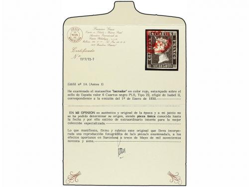 ° ESPAÑA. Ed. 1. 6 cuartos negro, pl. II tipo 22. Mat. LACRA