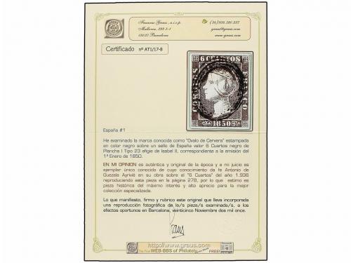 ° ESPAÑA. Ed. 1. 6 cuartos negro, pl. I tipo 23. Mat. ÓVALO 