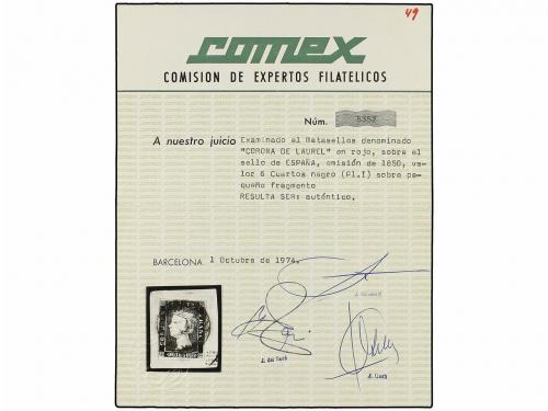 Δ ESPAÑA. Ed. 1. 6 cuartos negro, pl. I tipo 21 sobre fragme